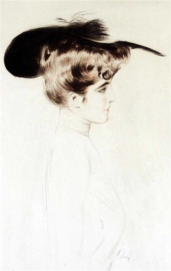 Paul Cesar Helleu (1859-1927) Elegante au Chapeau de Profil, overall 21.5 x 16.5in., unframed